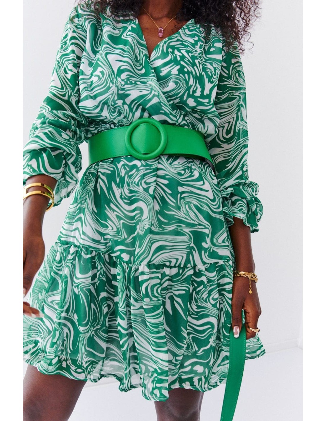 Chiffon dress with a wide belt, green FG636 - Online store - Boutique